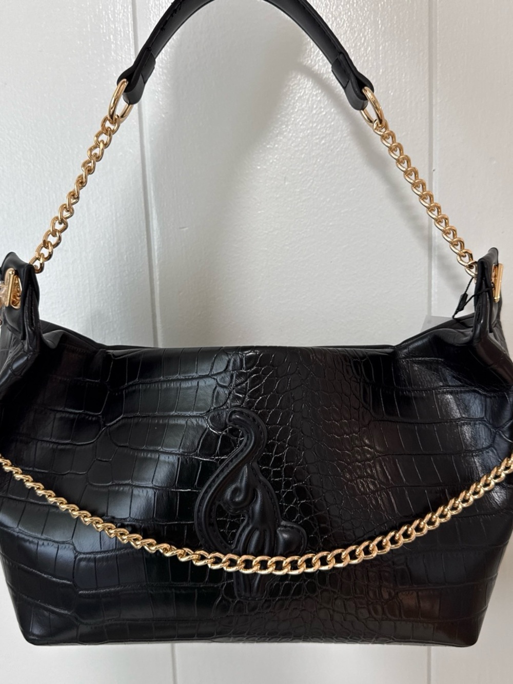 Baby Phat Black Croc-Embossed Shoulder Bag with Gold Chain Detail